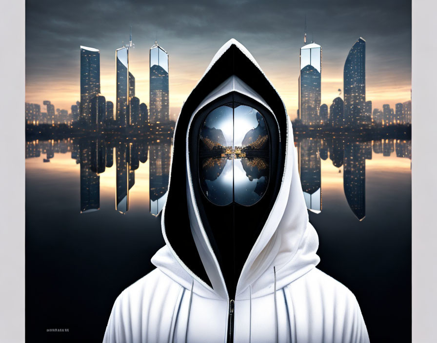 Reflective face mask person in white hoodie against cityscape at dusk