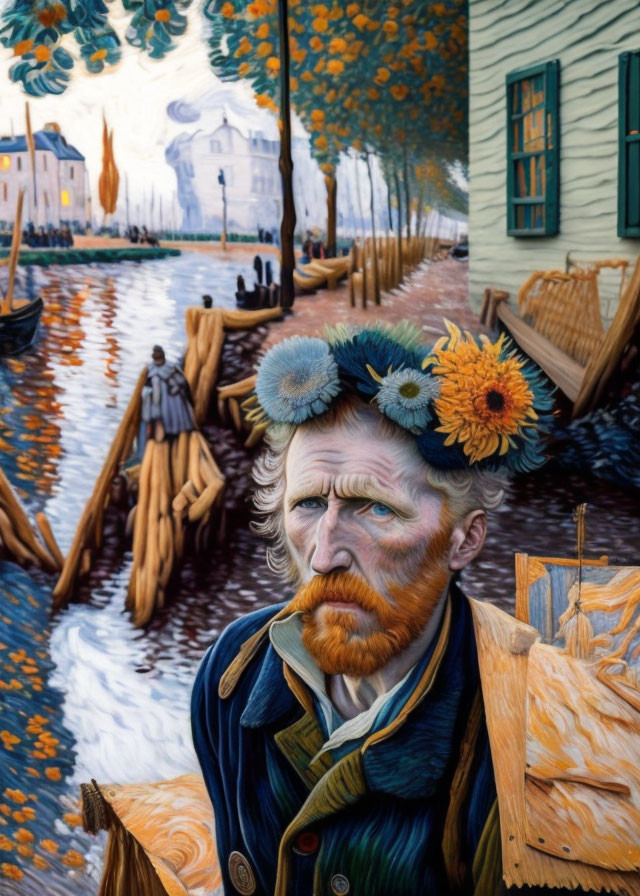 Man with flower-filled beard in Van Gogh-inspired setting