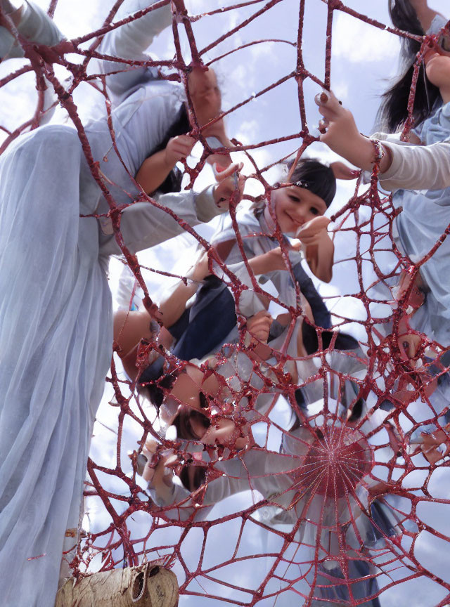 Kids playing on red climbing net under cloudy sky