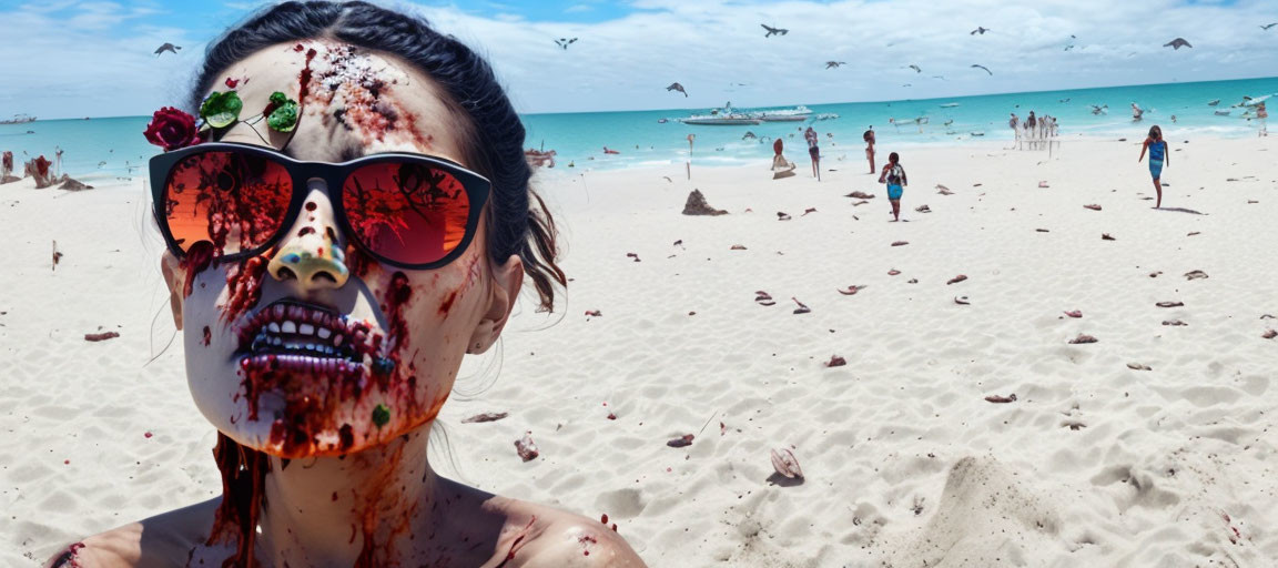 Woman with horror-themed face painting on crowded sunny beach