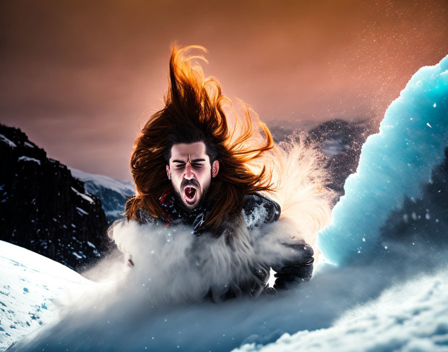 Man roaring on snowy mountain under orange sky with crashing snow wave