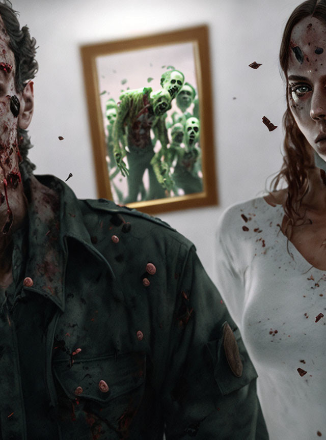 Two individuals in zombie makeup with blood splatter, surrounded by reflected zombies in a mirror.