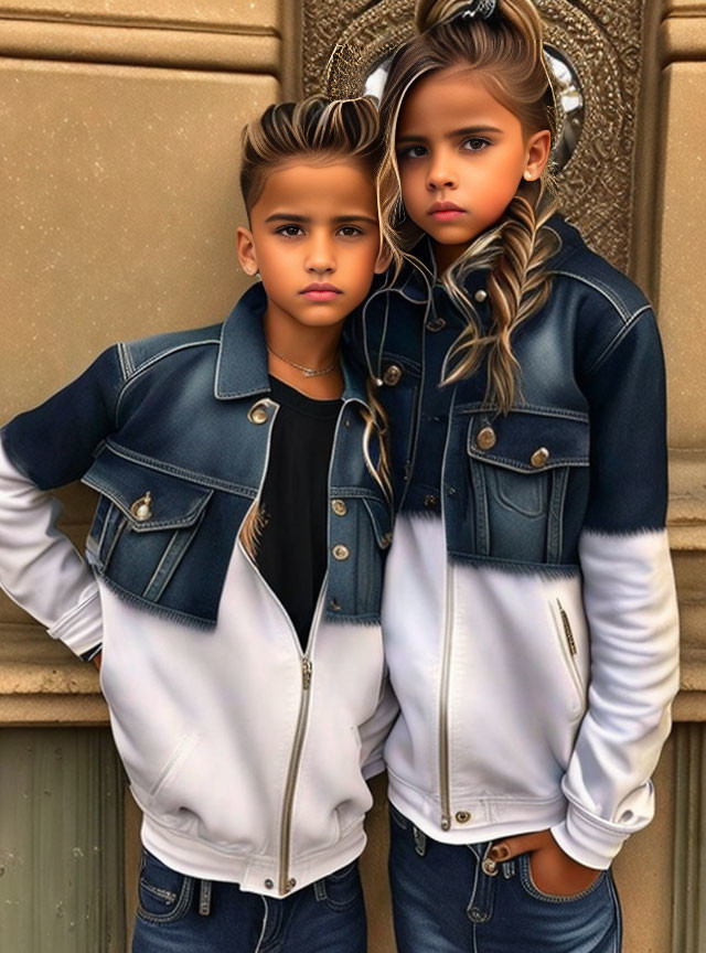 Children in Stylish Denim Jackets Against Beige Wall