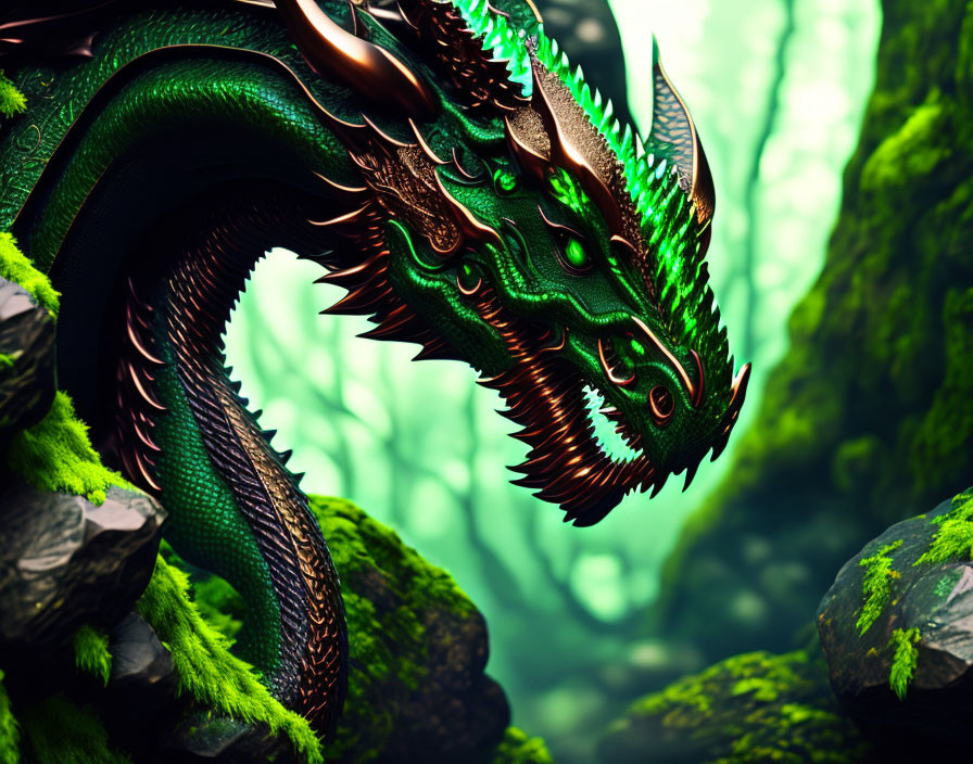 Detailed Green Dragon in Mystical Forest with Moss-Covered Rocks