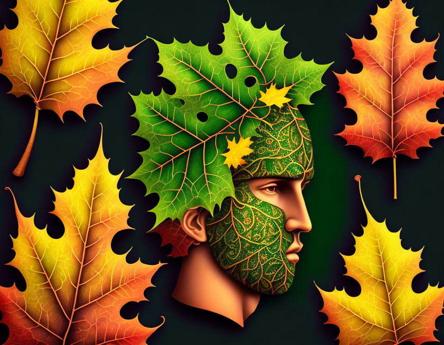 Male profile with leaf patterns on face against autumn leaves background