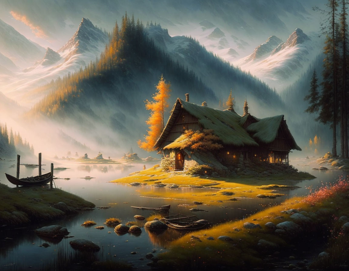 Tranquil autumn cabin by lake with fog-covered mountains