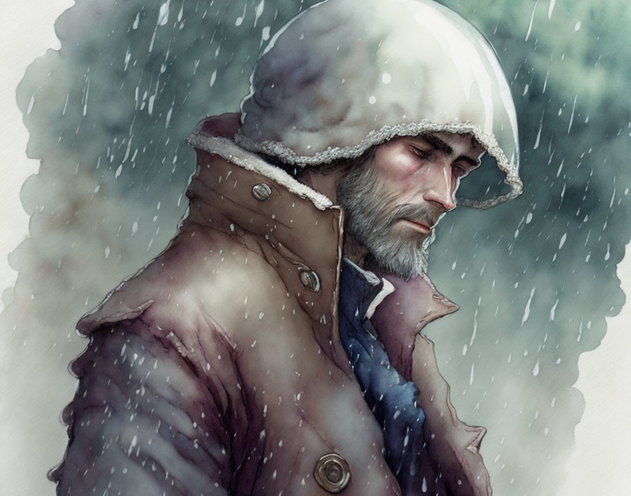 Contemplative soldier in winter gear amid falling snow