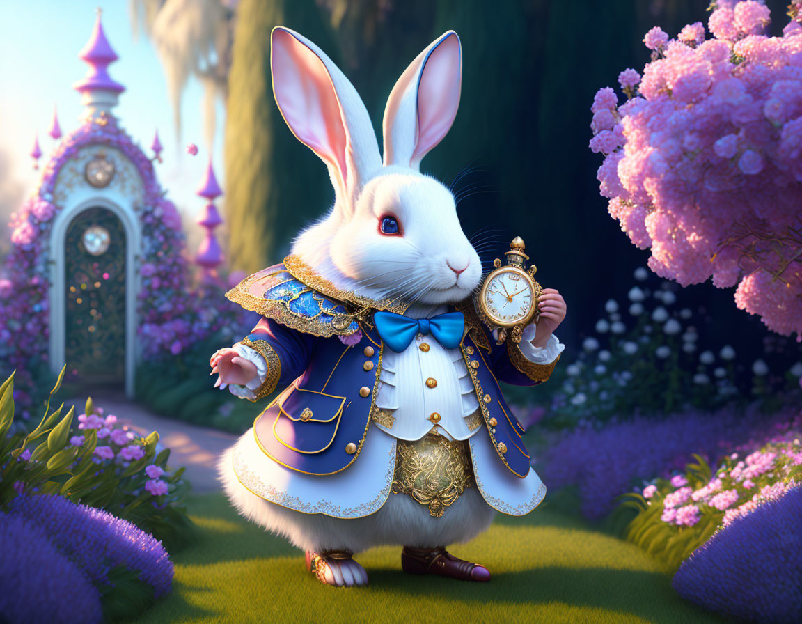 White Rabbit in Blue and Gold Coat with Pocket Watch in Whimsical Garden