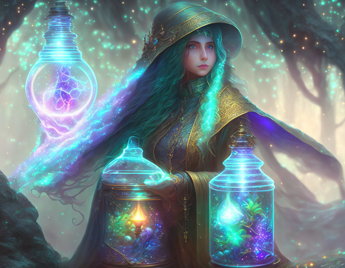 Mystical woman in hooded cloak with glowing jars in enchanted forest