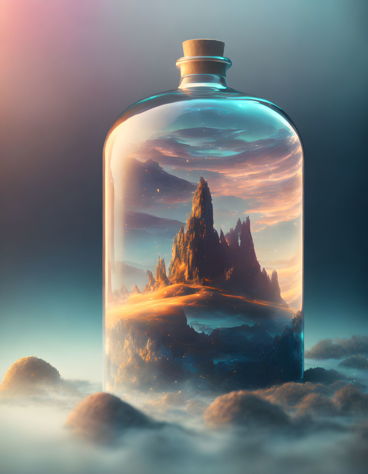 Glass bottle with miniature mountain landscape under twilight sky