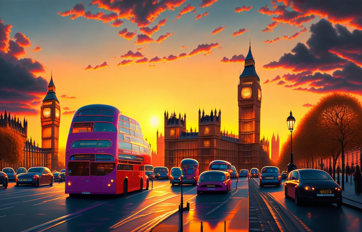 London sunset illustration with Big Ben, red bus, and classic cars on bridge