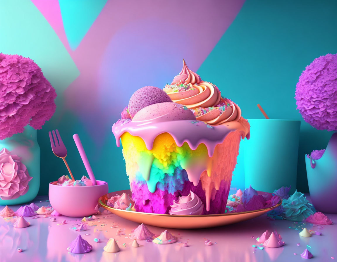 Colorful Rainbow Layer Cupcake with Macaron and Sweets on Pastel Background