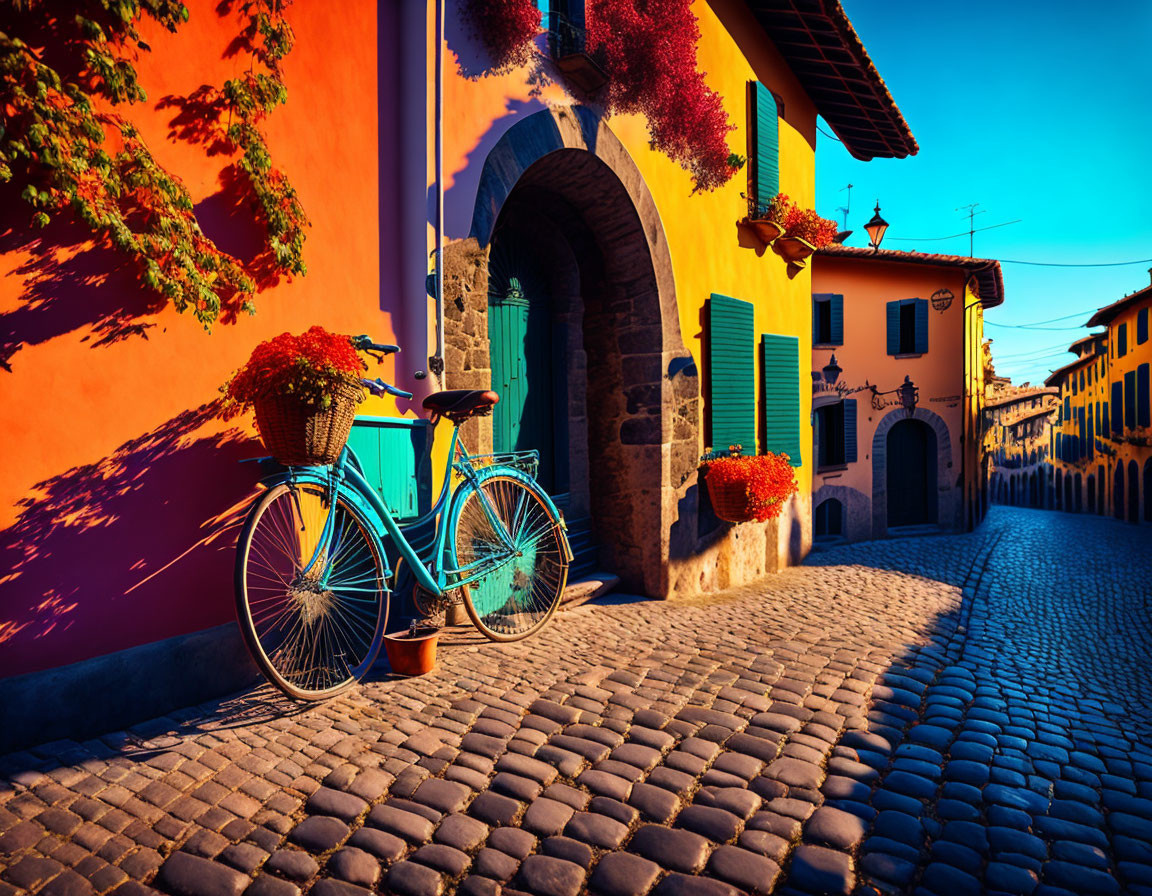 Colorful cobblestone street with blue bicycle and vibrant buildings.