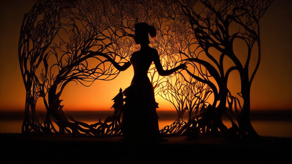 Silhouette against sunset with intricate tree designs.