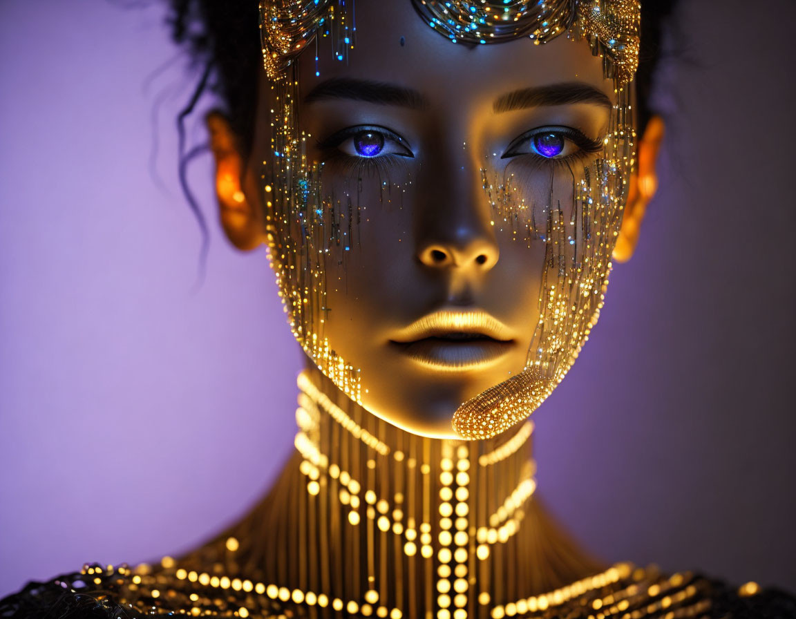 Portrait of woman with artistic makeup and golden jeweled tears under purple light