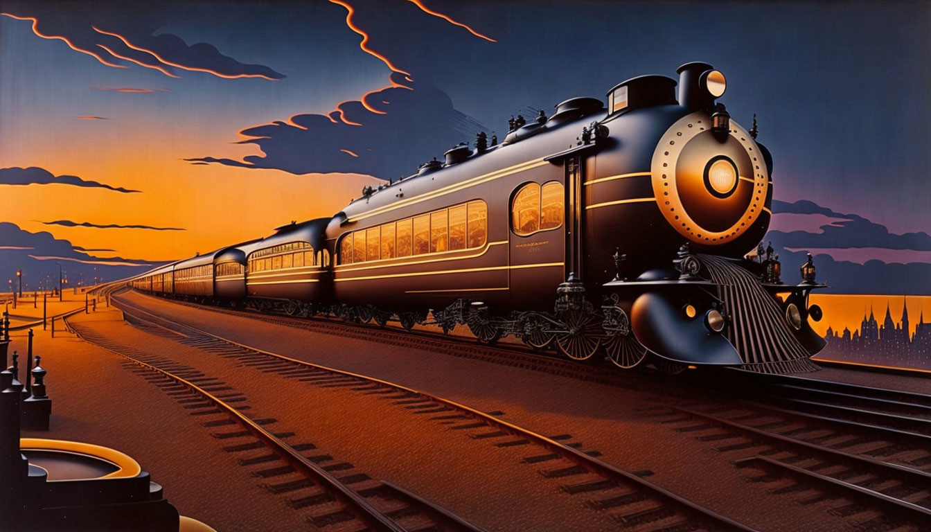 Vintage Train at Twilight with Orange Sunset and Railroad Tracks