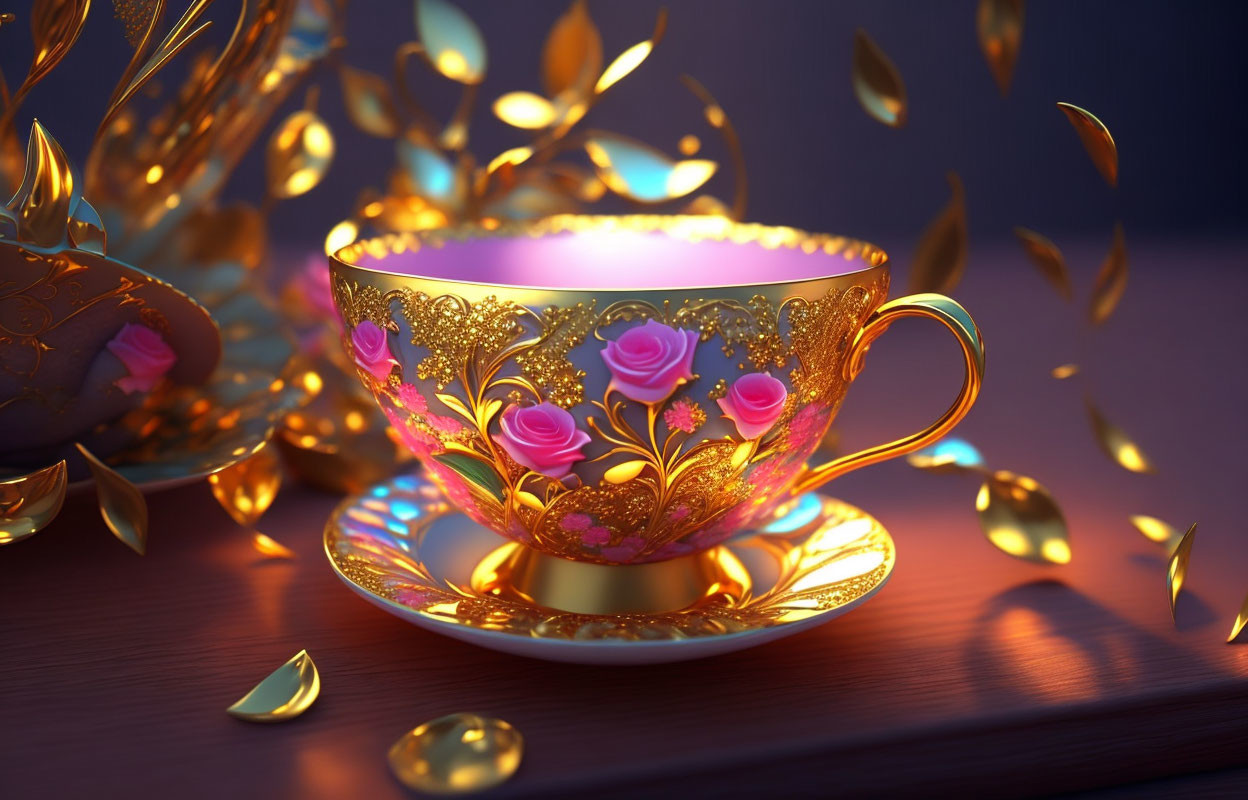 Glowing teacup with golden filigree and roses on dark background