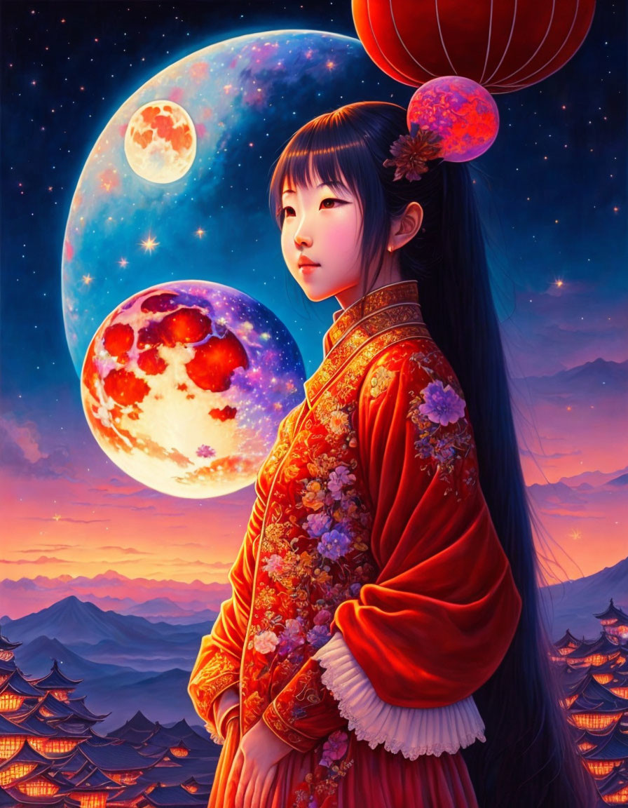 Traditional red attire girl among moons, lanterns, and pagodas