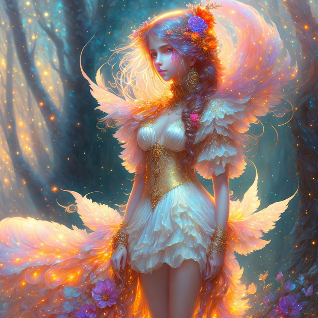 Mystical female figure with luminescent wings in enchanted forest