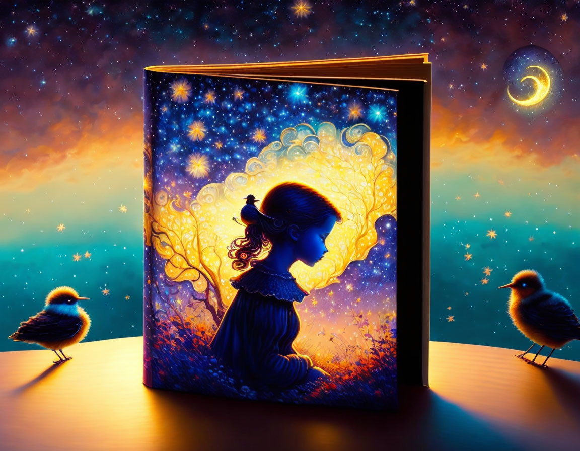 Open magical book with girl silhouette, cosmic scenery, glowing birds, starry night sky.