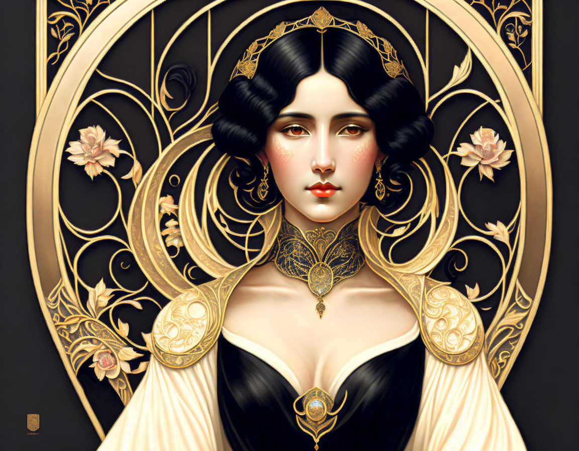 Portrait of woman with black hair & pale skin adorned with gold Art Nouveau details and roses on black