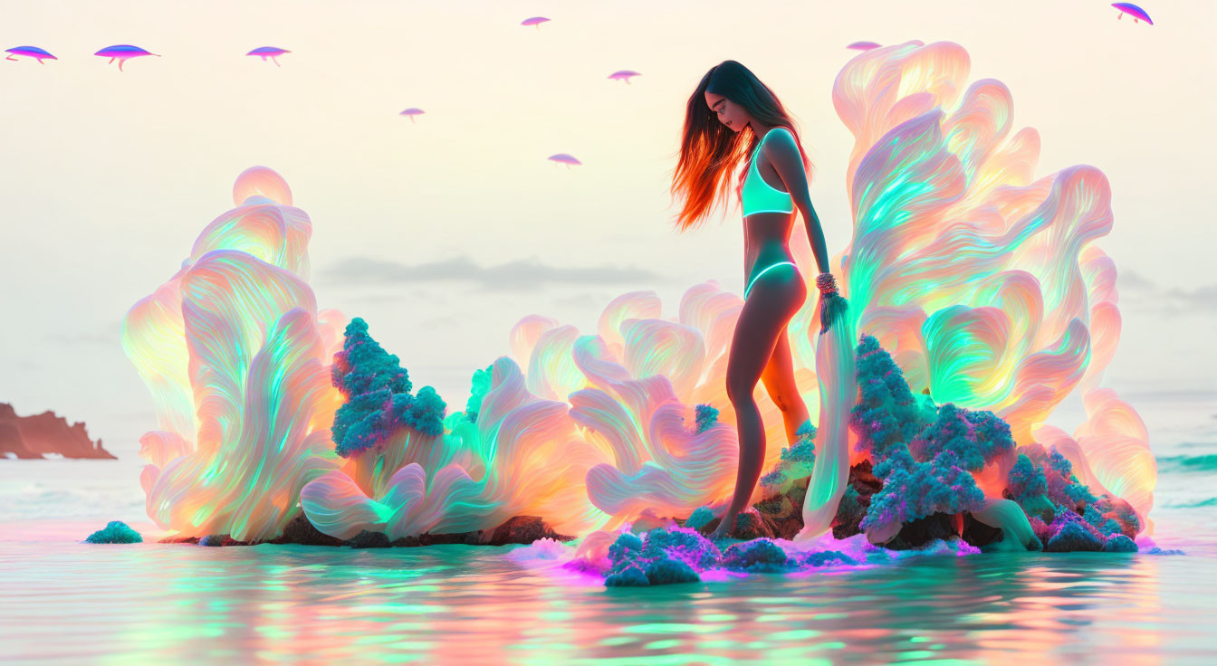 Woman on beach at twilight with glowing coral formations and flying creatures.