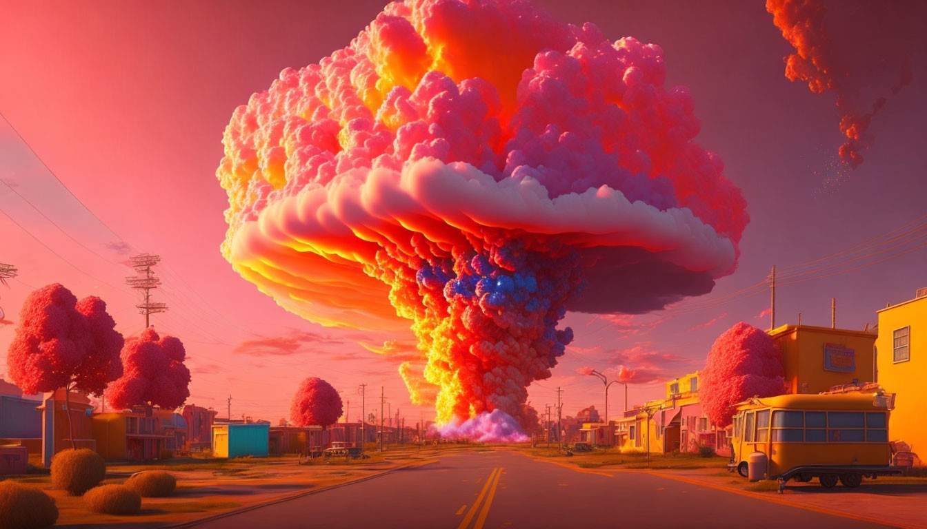 Gigantic mushroom cloud over serene suburban street at twilight