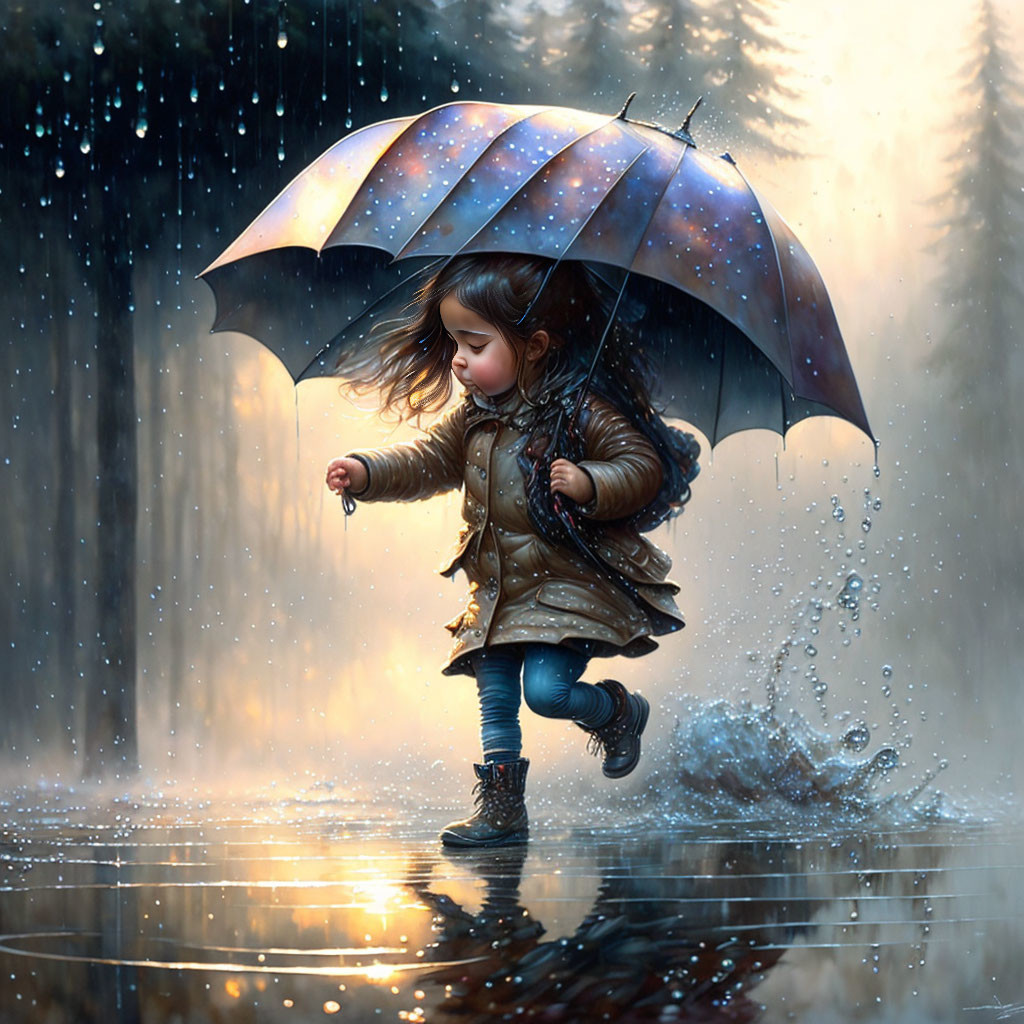 Young girl jumping in puddle with galaxy-print umbrella in rainy forest.