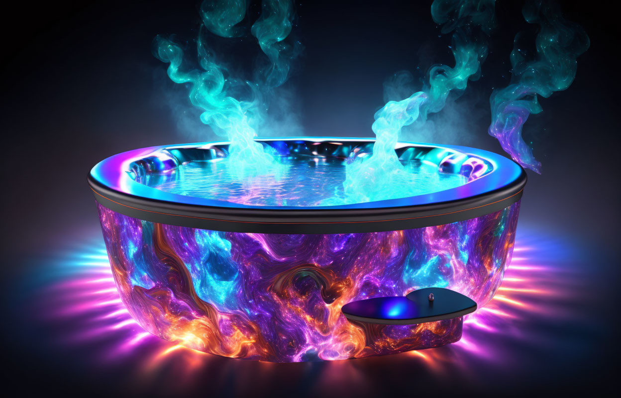 Glowing futuristic hot tub with neon blue water and swirling colors against dark background