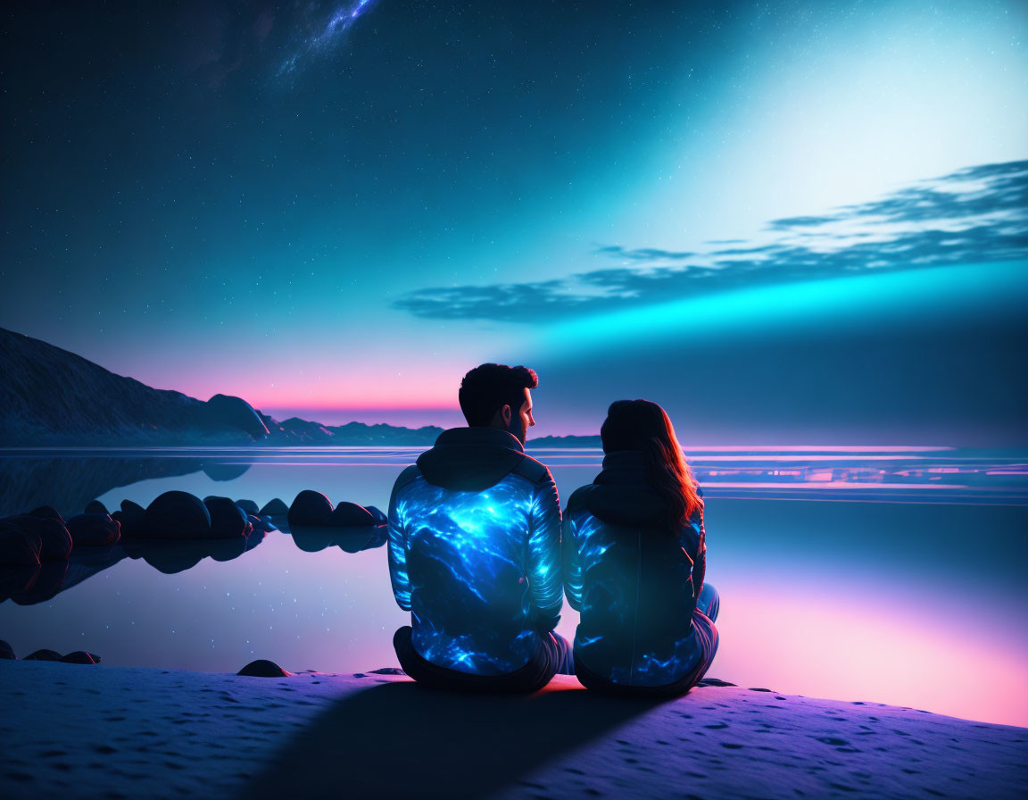 Couple sitting by luminous shore under starry sky with aurora borealis