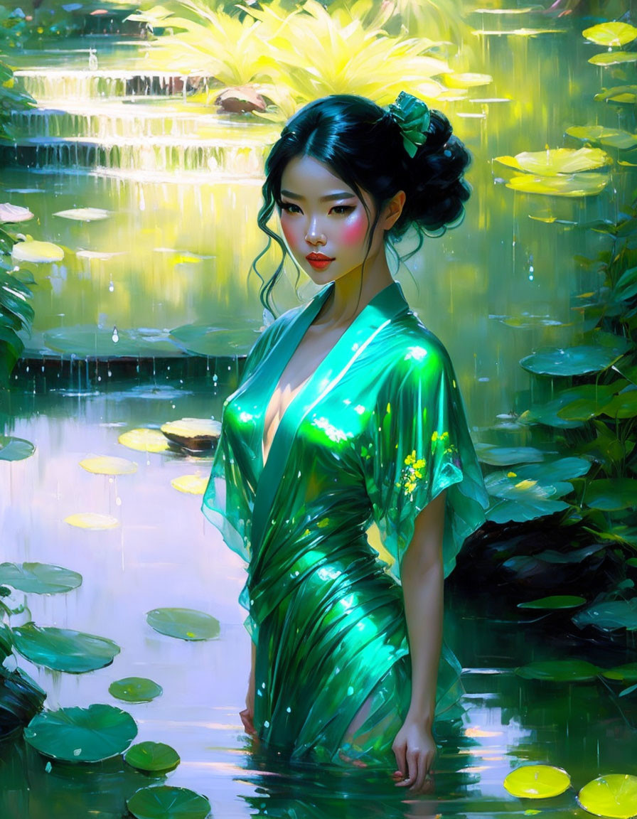 Woman in water among lily pads with sunlight on iridescent dress