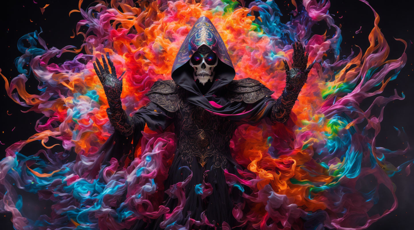 Mystical figure in dark robes surrounded by vibrant swirling colors