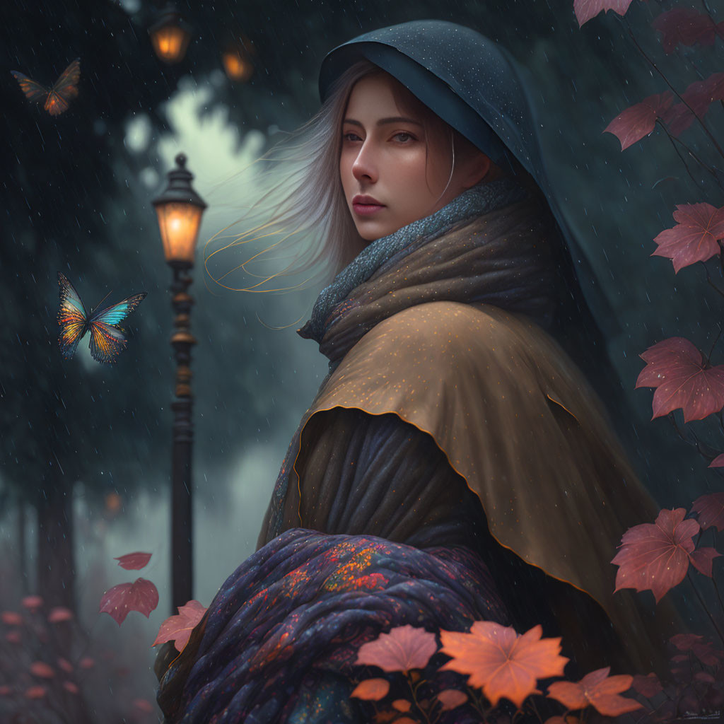 Mysterious woman in hooded cloak under lamppost with leaves and butterfly in the rain