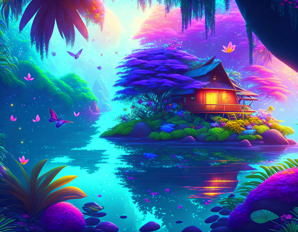 Vibrant digital art: Secluded hut on lush islet with butterflies, reflective water, purple