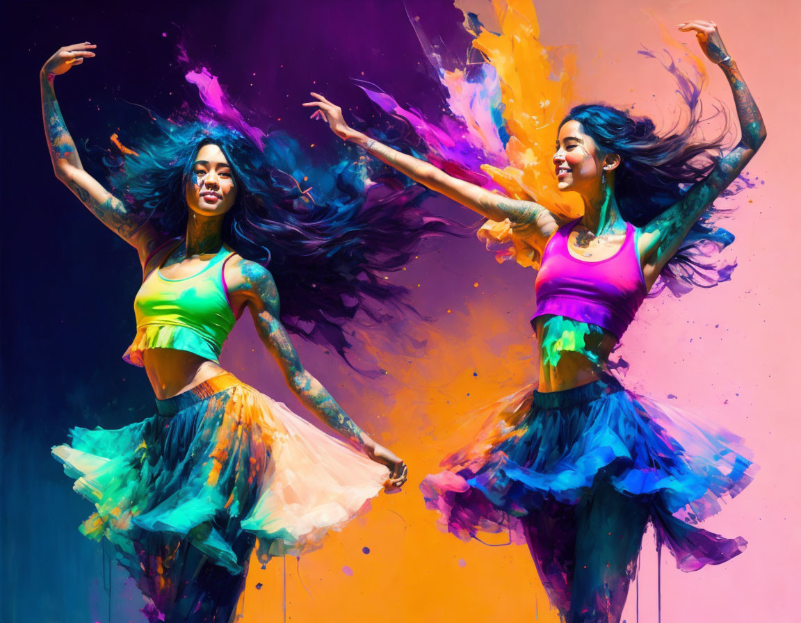 Colorful powder dance celebration by two women