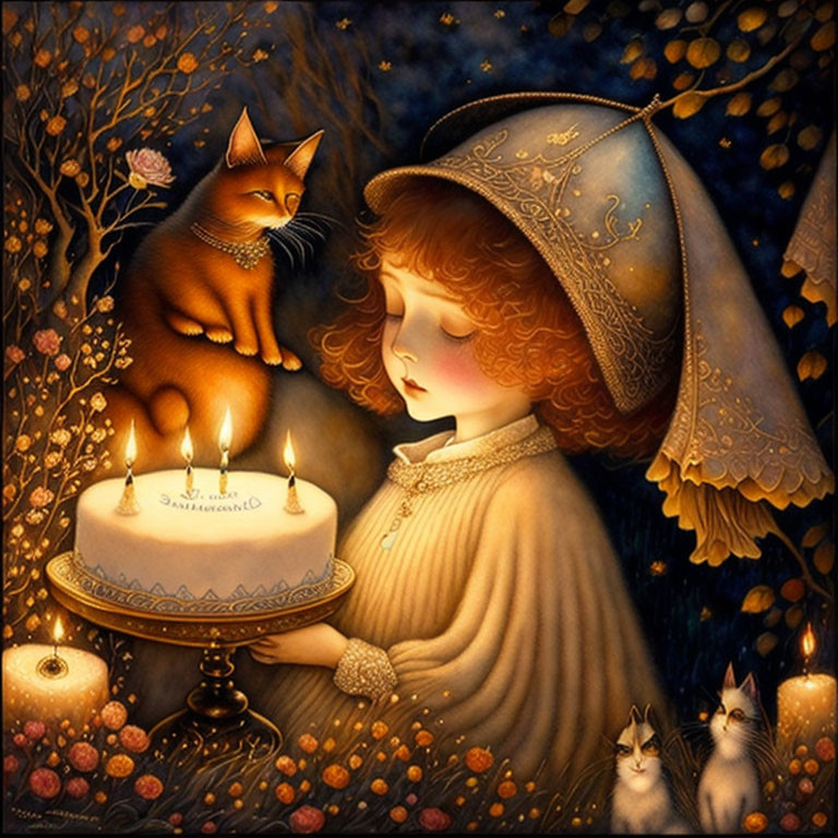 Girl in cape presents cake with lit candles to attentive cats under starry tree