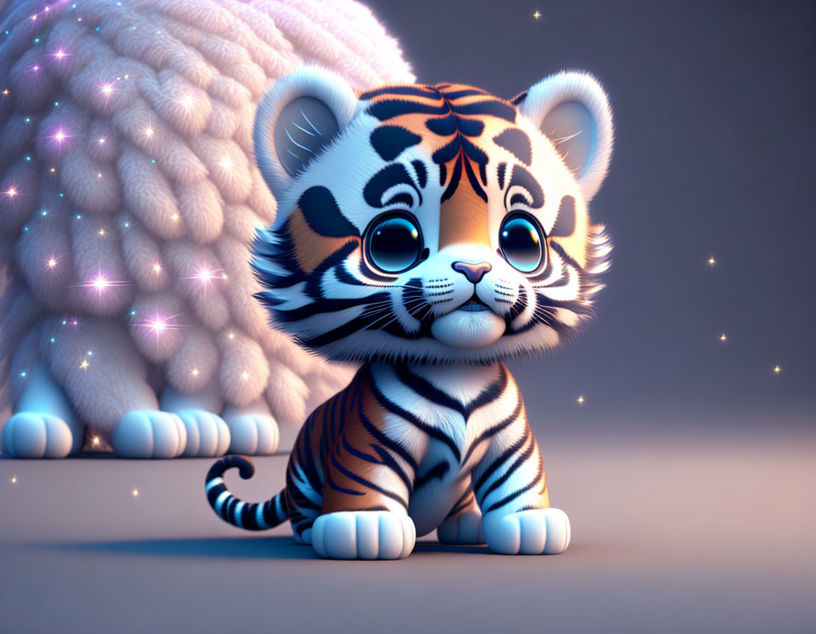 Whimsical tiger cub digital illustration with large eyes