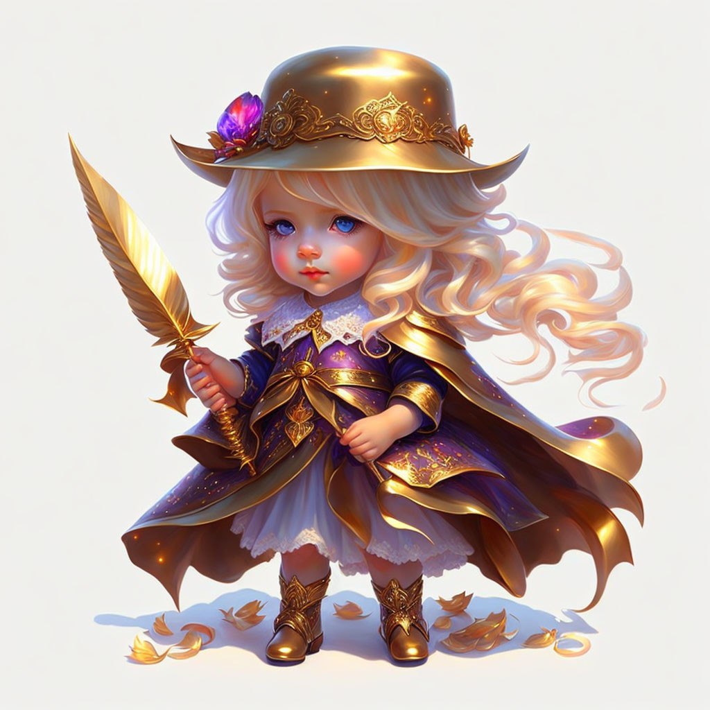 Illustrated character with golden hair, blue eyes, fancy hat, cloak, quill sword, gem