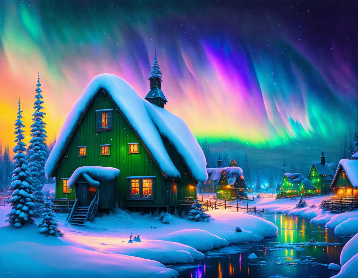 Vibrant aurora borealis over snowy village and frozen river