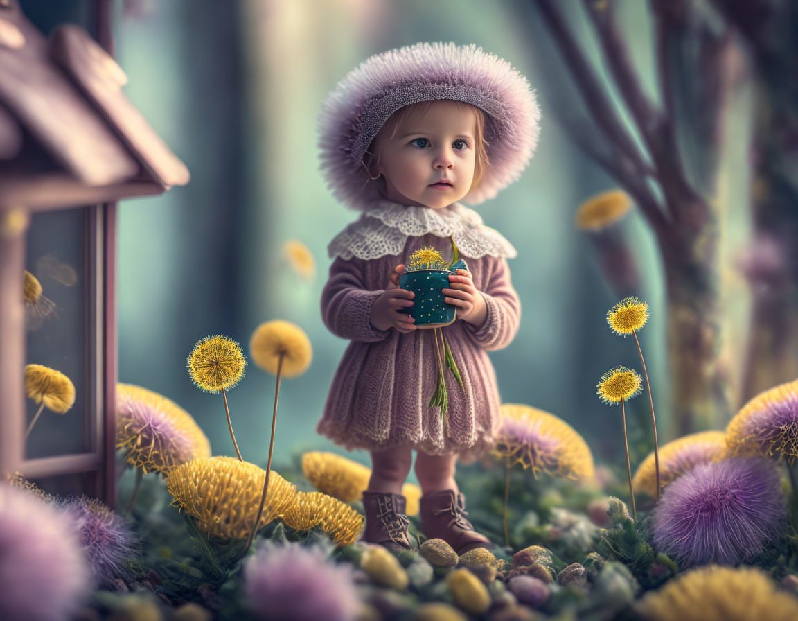 Toddler with cup and lantern among oversized dandelions