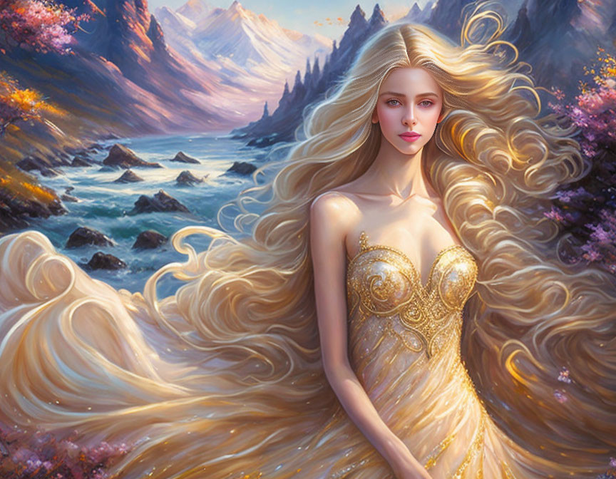 Digital artwork of woman with long golden hair in nature setting with mountains, blooming trees, and river