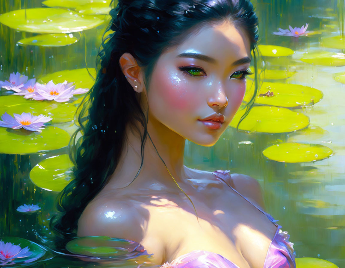 Digital painting: Woman with glossy lips, dewy skin, surrounded by water lilies - serene beauty