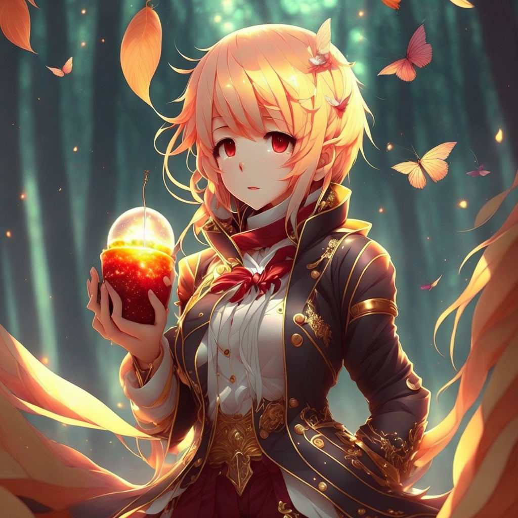 Golden-haired animated character with magical apple in autumn forest