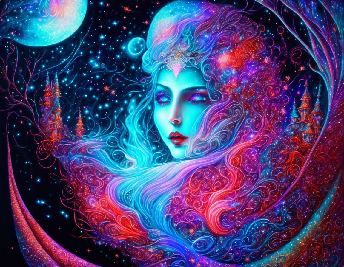 Colorful illustration of a woman with cosmic elements in dreamy setting