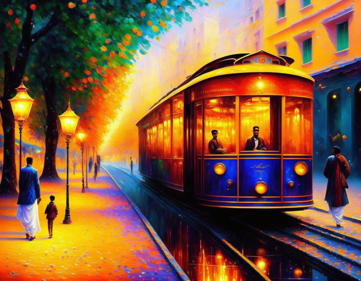 Colorful painting of vintage blue tram in city with autumn trees and figures.