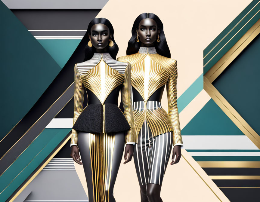 Futuristic black and gold-striped attire on mannequin-like figures