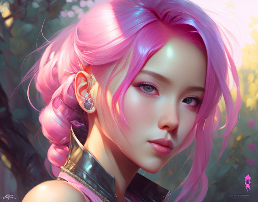 Detailed digital art portrait: female with pink hair, captivating eyes, earring, and natural light play