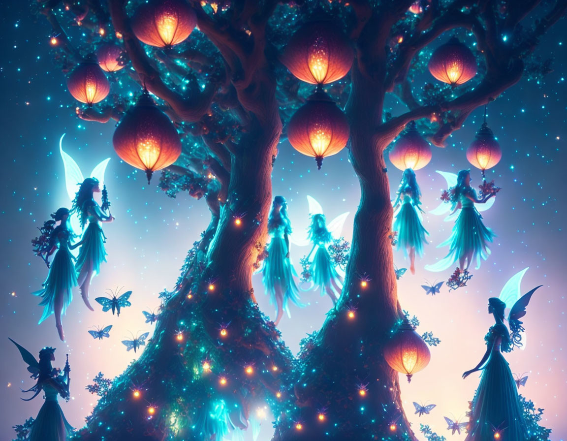 Glowing trees and fairies in starlit sky with butterflies