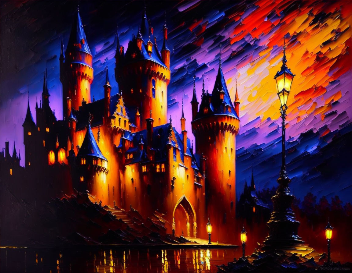 Vibrant painting of illuminated castle at night with dynamic sky and streetlamp