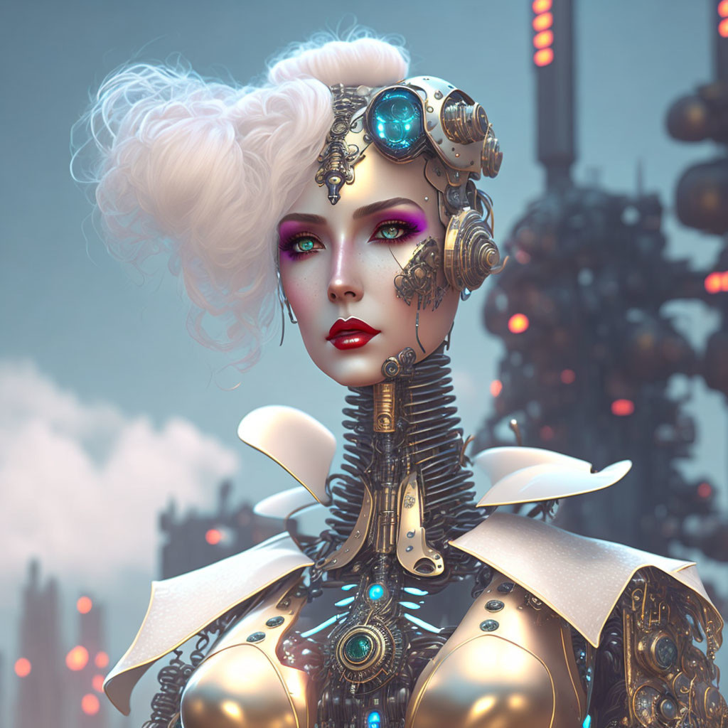 Elaborate steampunk-inspired female robot with glowing elements